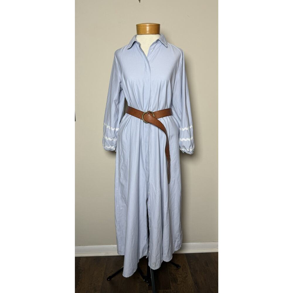 BENIN Modest Baby Blue Maxi Shirtdress Rickrack Trim SZ 6 Cottagecore Langenlook